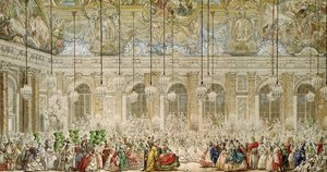 Maskeballet på Galerie des Glaces, 17. februar 1745 (penn og blekk og wc på papir)